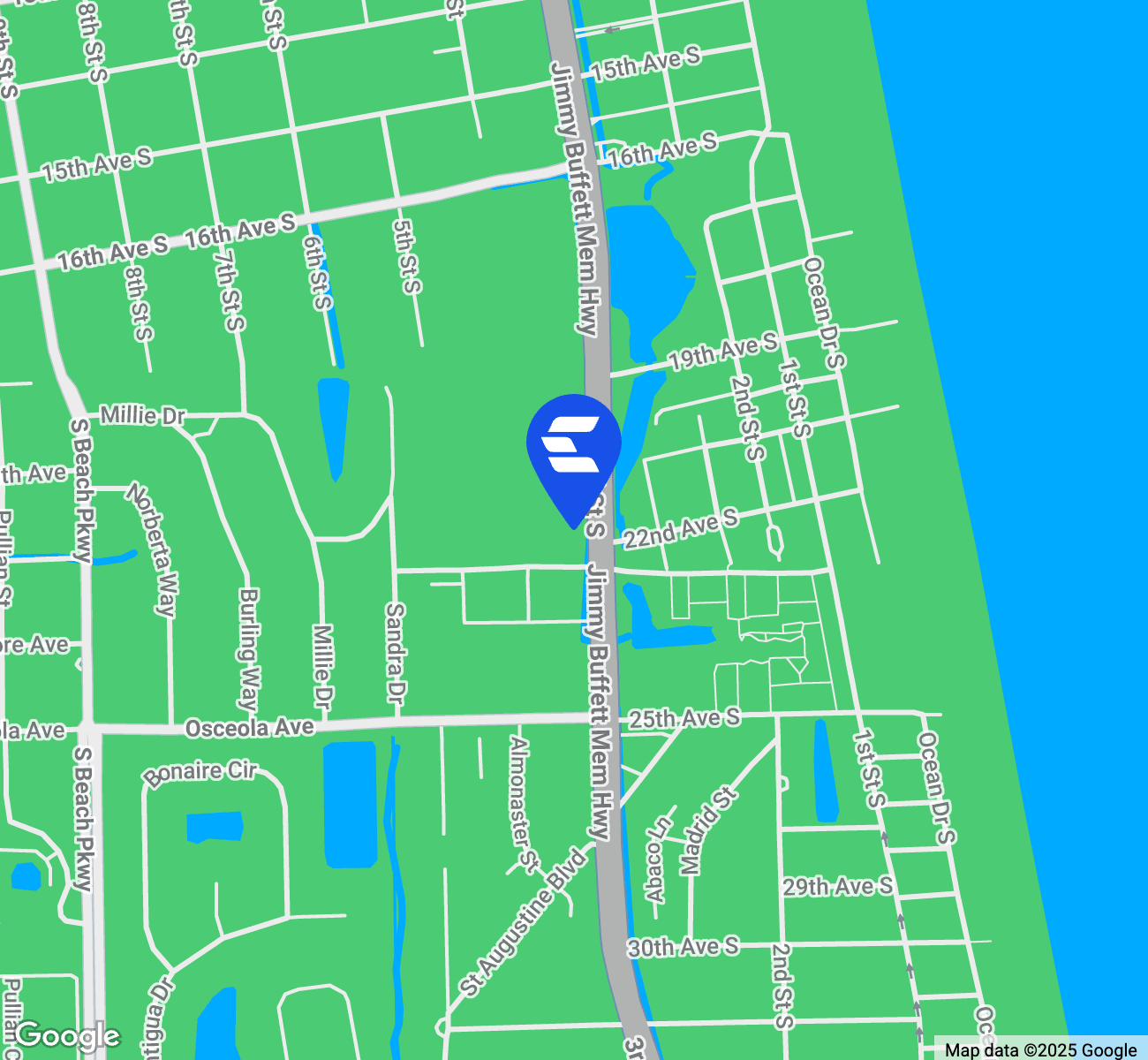 Map indicating location of Jacksonville Beach Financial Center for Google Maps.