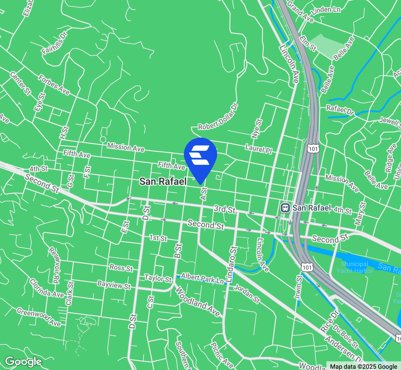 Map indicating location of San Rafael Financial Center for Google Maps.