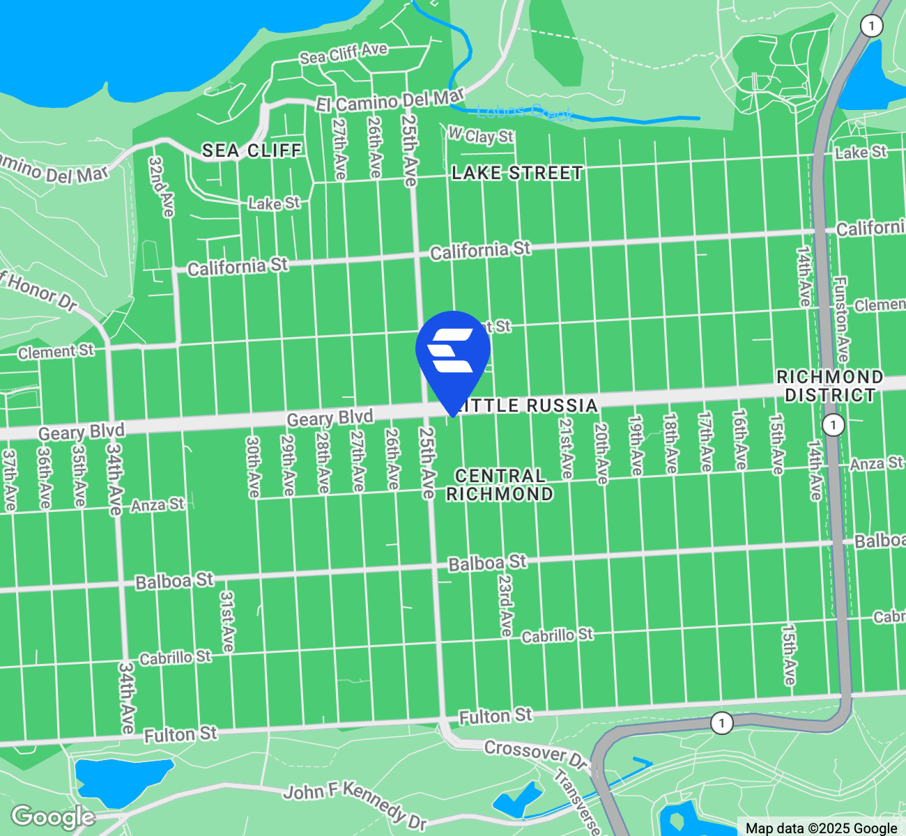 Map indicating location of Geary Financial Center for Google Maps.